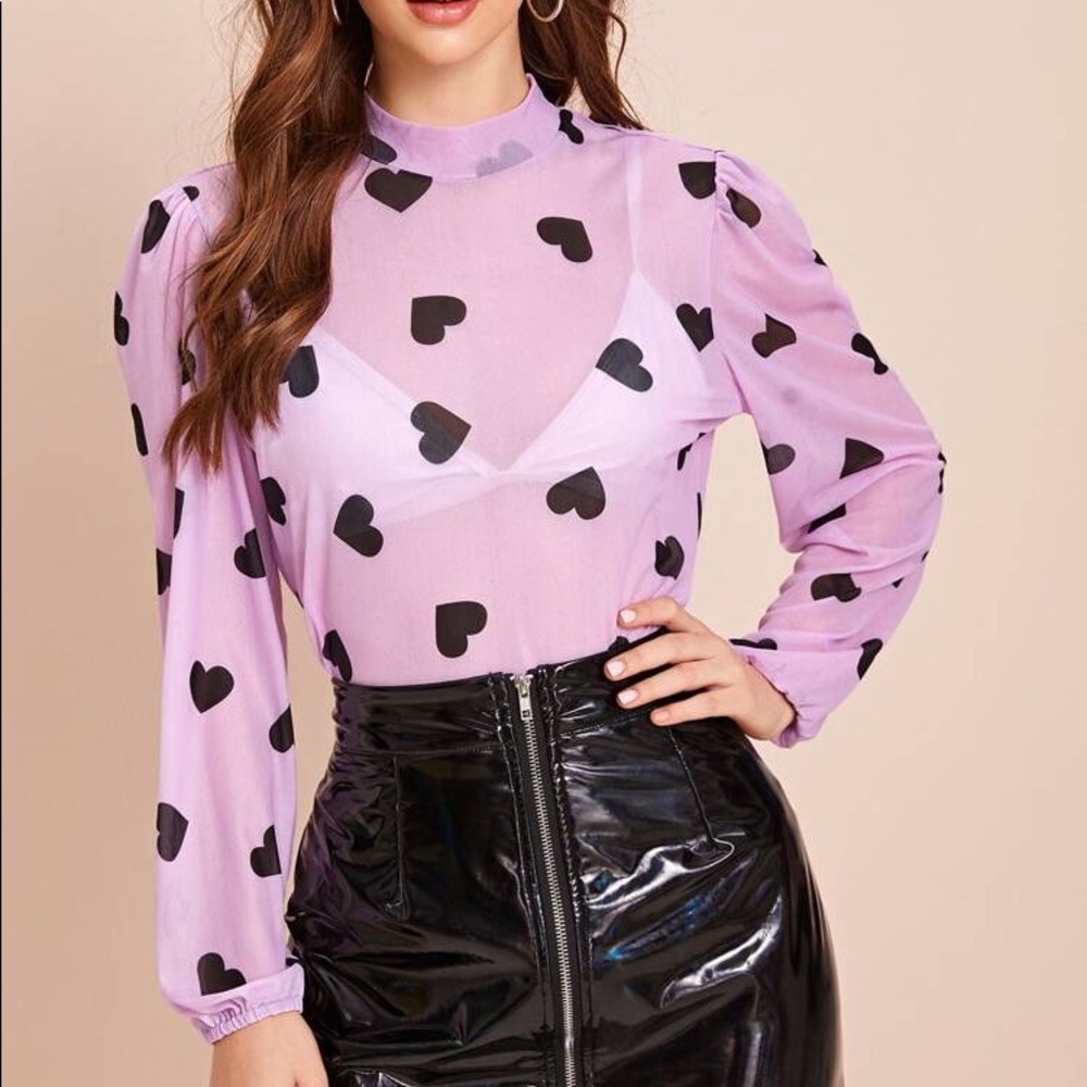 Heart Print Sheer Blouse (Without Bra)